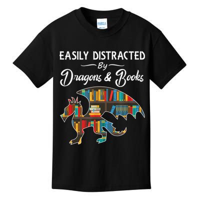 Easily Distracted By Dragons And Books Nerds Book Reader Kids T-Shirt