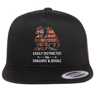 Easily Distracted By Dragon And Books Nerds Flat Bill Trucker Hat