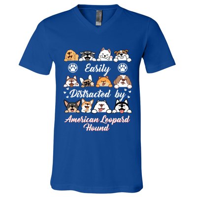 Easily Distracted By American Leopard Hound Leopard Cur Cute Gift V-Neck T-Shirt