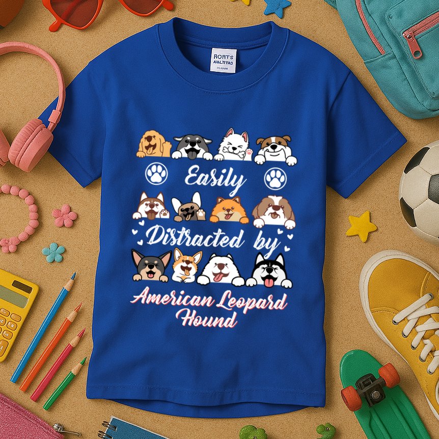 Easily Distracted By American Leopard Hound Leopard Cur Cute Gift Kids T-Shirt