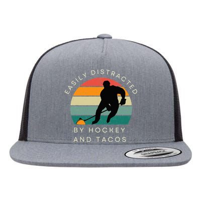 Easily Distracted by Hockey And Tacos Funny Hockey Players Flat Bill Trucker Hat