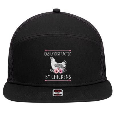 Easily Distracted By Chickens For Chicken Lovers Funny 7 Panel Mesh Trucker Snapback Hat