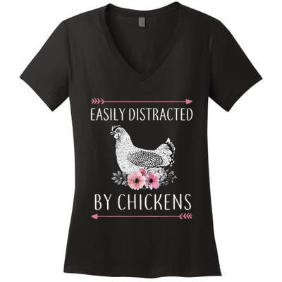 Easily Distracted By Chickens For Chicken Lovers Funny Women's V-Neck T-Shirt