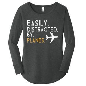 Easily Distracted By Planes Airplane Pilot Lover Women's Perfect Tri Tunic Long Sleeve Shirt