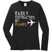 Easily Distracted By Planes Airplane Pilot Lover Ladies Long Sleeve Shirt