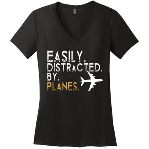 Easily Distracted By Planes Airplane Pilot Lover Women's V-Neck T-Shirt