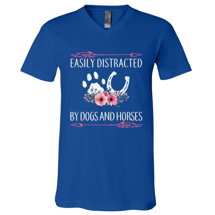 Easily Distracted By Dogs And Horses Riding Gift V-Neck T-Shirt