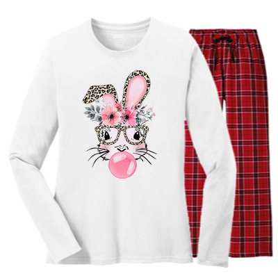 Easter Day Bunny With Leopard Glasses Bubblegum Women's Long Sleeve Flannel Pajama Set 