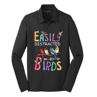 Easily Distracted By Birds Gift Funny Bird Gift Silk Touch Performance Long Sleeve Polo