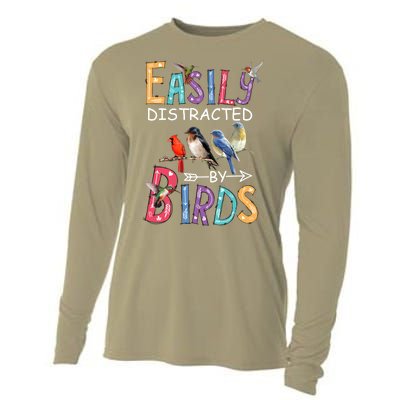 Easily Distracted By Birds Gift Funny Bird Gift Cooling Performance Long Sleeve Crew