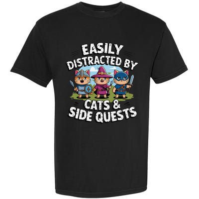 Easily Distracted By Cats Side Quests Gamer Rpg Cats Knight Garment-Dyed Heavyweight T-Shirt