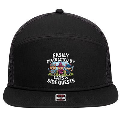 Easily Distracted By Cats Side Quests Gamer Rpg Cats Knight 7 Panel Mesh Trucker Snapback Hat