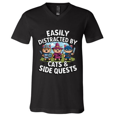 Easily Distracted By Cats Side Quests Gamer Rpg Cats Knight V-Neck T-Shirt