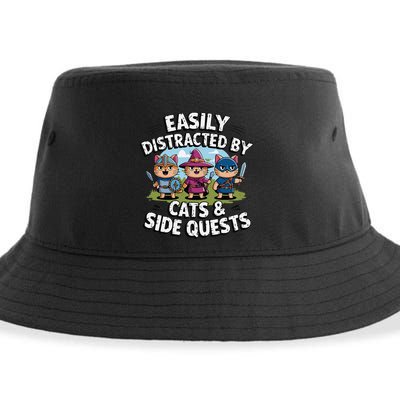 Easily Distracted By Cats Side Quests Gamer Rpg Cats Knight Sustainable Bucket Hat