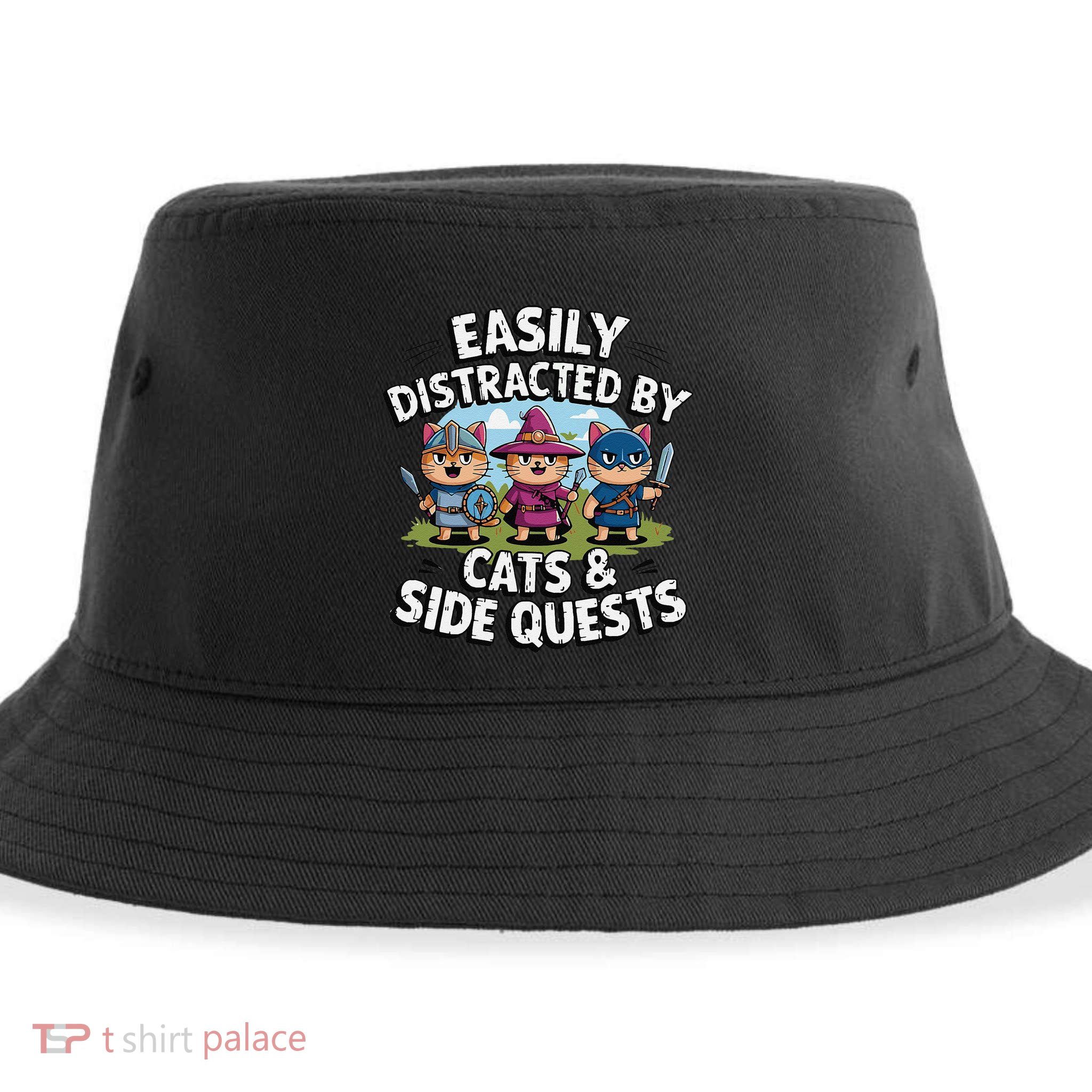 Easily Distracted By Cats Side Quests Gamer Rpg Cats Knight Sustainable Bucket Hat