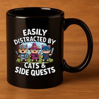 Easily Distracted By Cats Side Quests Gamer Rpg Cats Knight 11oz C Handle Ceramic Mug