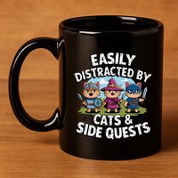 Easily Distracted By Cats Side Quests Gamer Rpg Cats Knight 11oz C Handle Ceramic Mug
