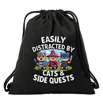 Easily Distracted By Cats Side Quests Gamer Rpg Cats Knight Drawstring Bag