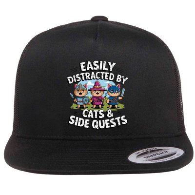 Easily Distracted By Cats Side Quests Gamer Rpg Cats Knight Flatbill Hat
