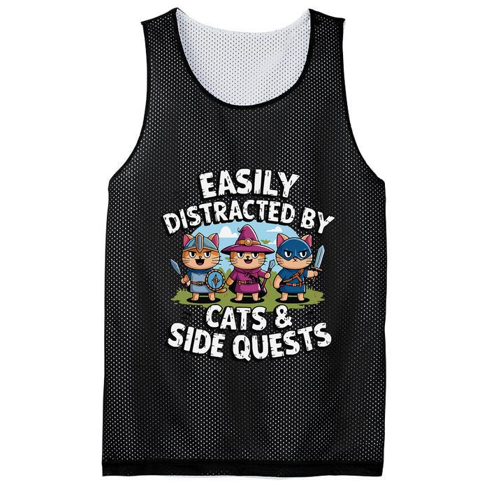 Easily Distracted By Cats Side Quests Gamer Rpg Cats Knight Mesh Reversible Basketball Jersey Tank
