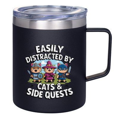 Easily Distracted By Cats Side Quests Gamer Rpg Cats Knight 12oz Stainless Steel Coffee Mug