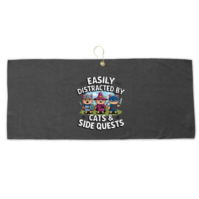 Easily Distracted By Cats Side Quests Gamer Rpg Cats Knight Large Microfiber Waffle Golf Towel