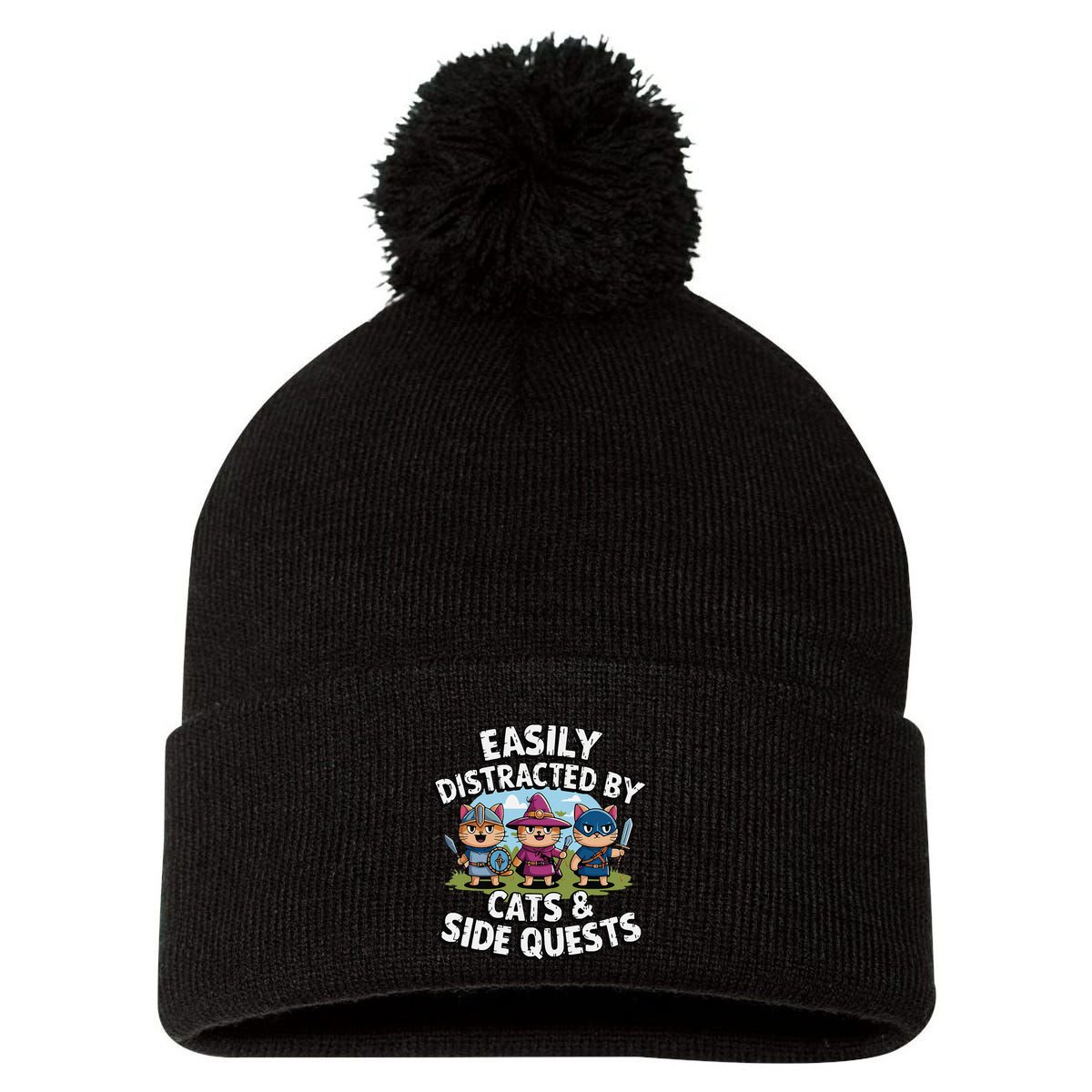 Easily Distracted By Cats Side Quests Gamer Rpg Cats Knight Pom Pom 12in Knit Beanie