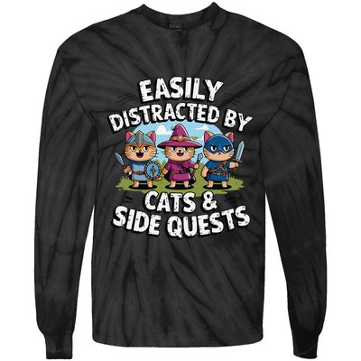 Easily Distracted By Cats Side Quests Gamer Rpg Cats Knight Tie-Dye Long Sleeve Shirt