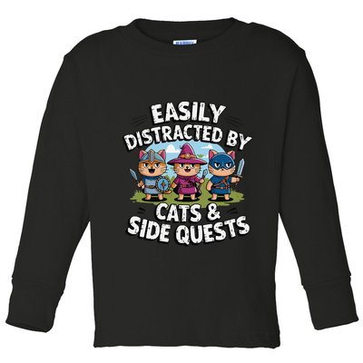 Easily Distracted By Cats Side Quests Gamer Rpg Cats Knight Toddler Long Sleeve Shirt