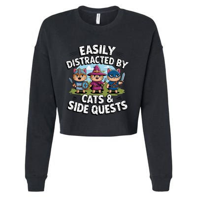 Easily Distracted By Cats Side Quests Gamer Rpg Cats Knight Cropped Pullover Crew
