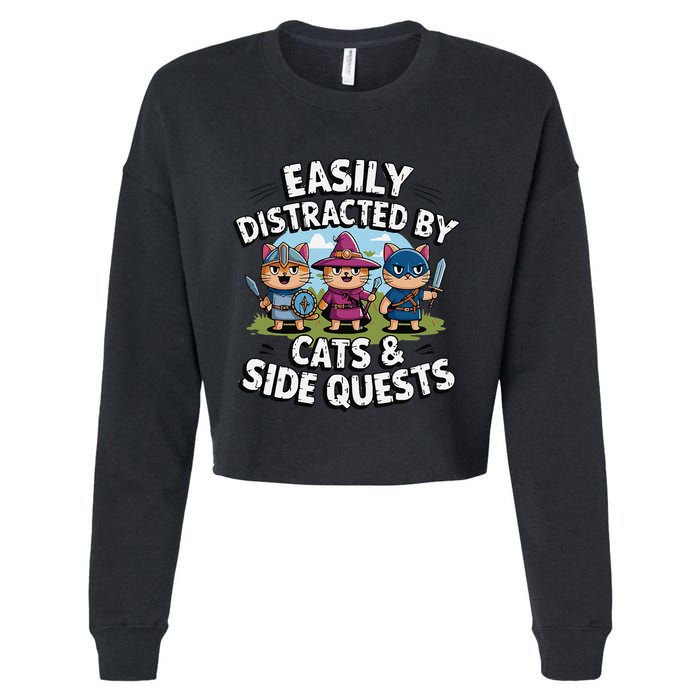 Easily Distracted By Cats Side Quests Gamer Rpg Cats Knight Cropped Pullover Crew