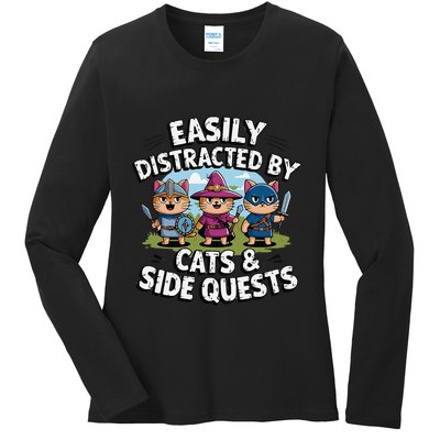 Easily Distracted By Cats Side Quests Gamer Rpg Cats Knight Ladies Long Sleeve Shirt