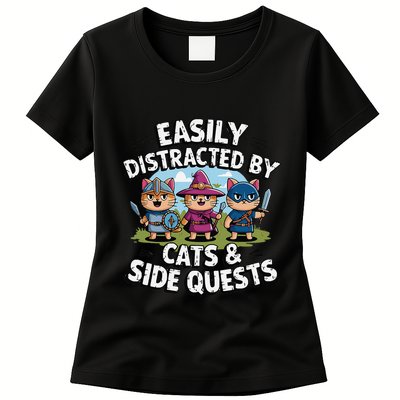 Easily Distracted By Cats Side Quests Gamer Rpg Cats Knight Womens T-Shirt