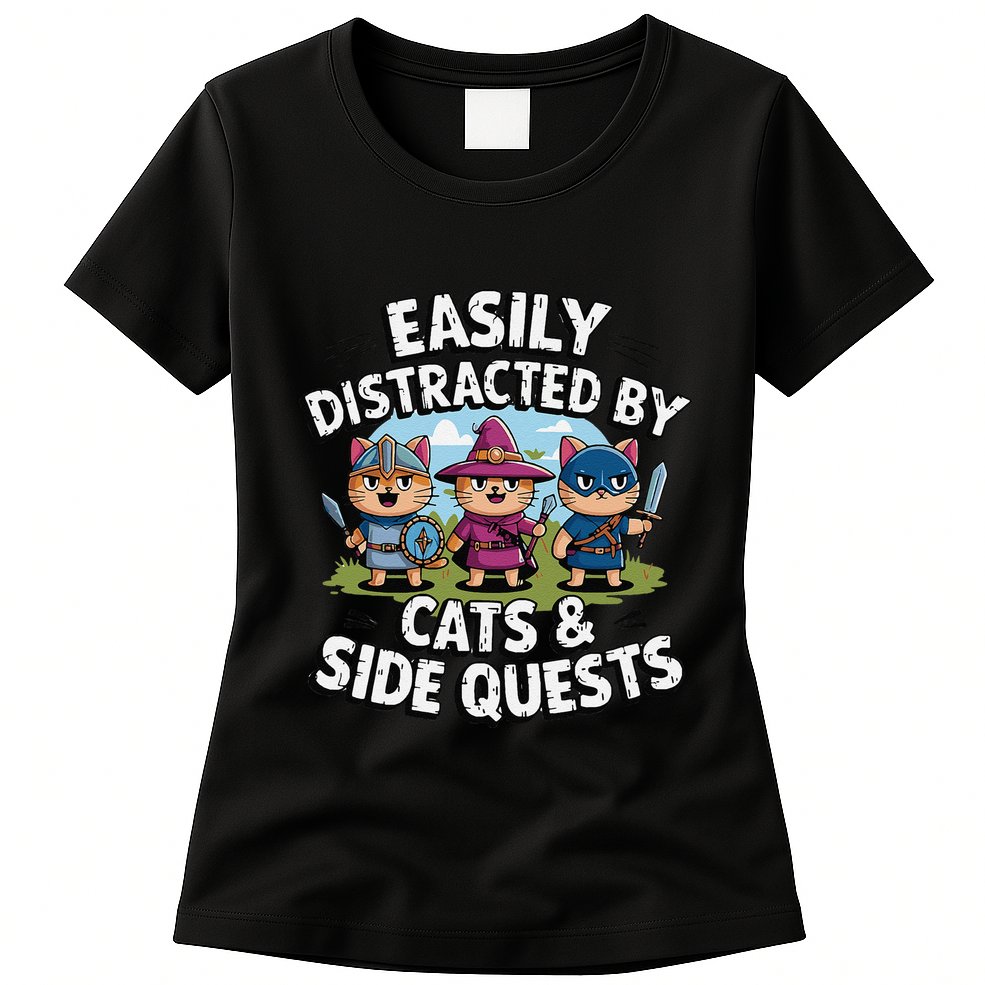 Easily Distracted By Cats Side Quests Gamer Rpg Cats Knight Womens T-Shirt