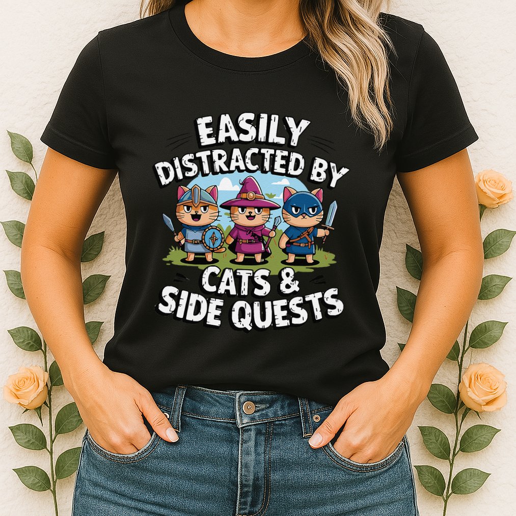 Easily Distracted By Cats Side Quests Gamer Rpg Cats Knight Womens T-Shirt