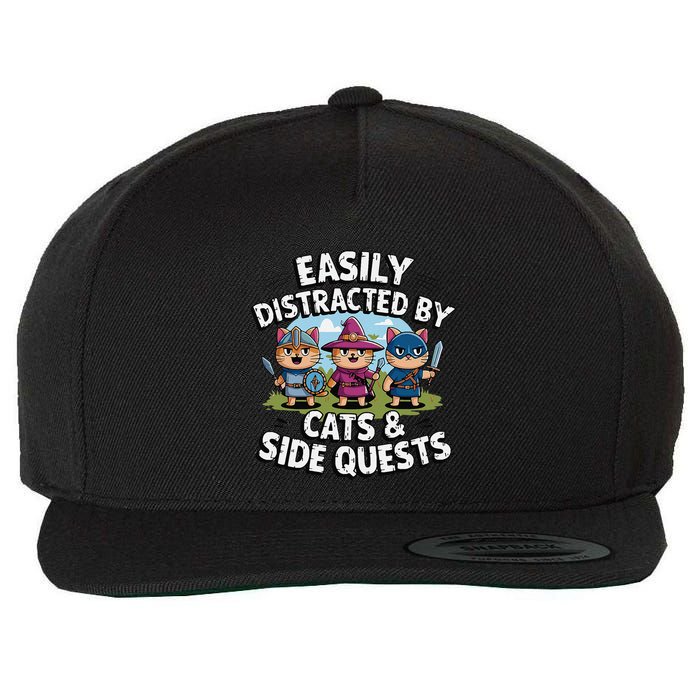 Easily Distracted By Cats Side Quests Gamer Rpg Cats Knight Wool Snapback Cap