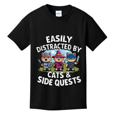 Easily Distracted By Cats Side Quests Gamer Rpg Cats Knight Kids T-Shirt