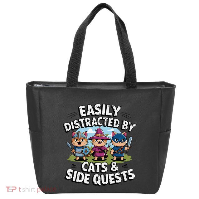 Easily Distracted By Cats Side Quests Gamer Rpg Cats Knight Zip Tote Bag