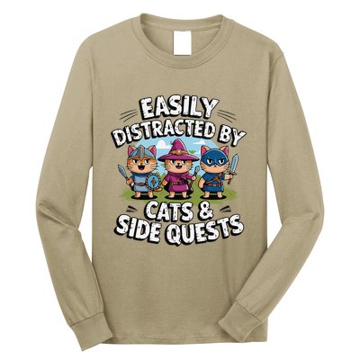 Easily Distracted By Cats Side Quests Gamer Rpg Cats Knight Long Sleeve Shirt