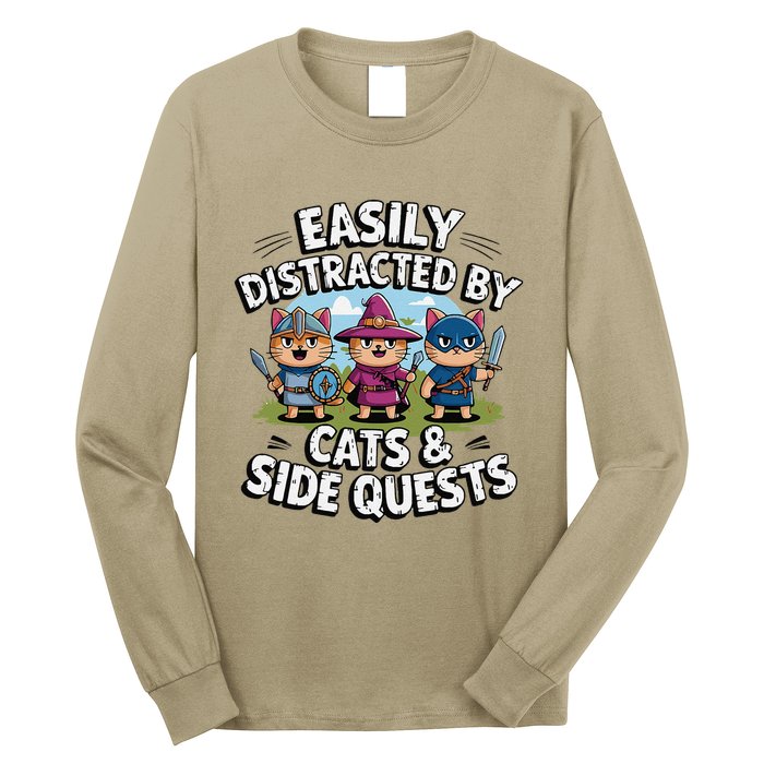 Easily Distracted By Cats Side Quests Gamer Rpg Cats Knight Long Sleeve Shirt