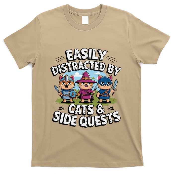 Easily Distracted By Cats Side Quests Gamer Rpg Cats Knight T-Shirt