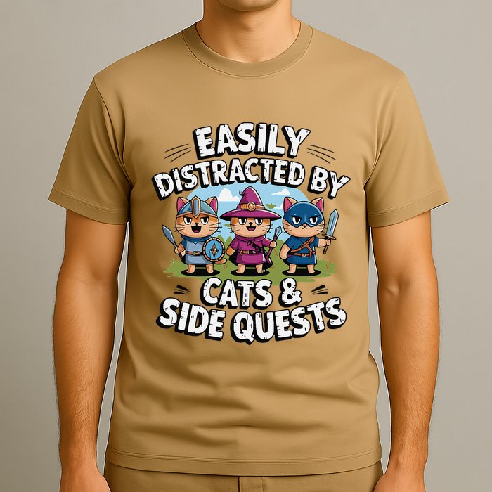 Easily Distracted By Cats Side Quests Gamer Rpg Cats Knight T-Shirt