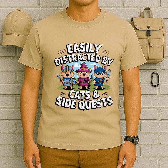 Easily Distracted By Cats Side Quests Gamer Rpg Cats Knight T-Shirt