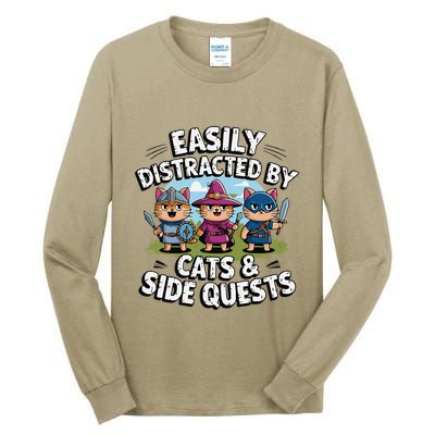 Easily Distracted By Cats Side Quests Gamer Rpg Cats Knight Tall Long Sleeve T-Shirt