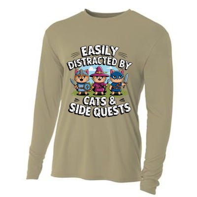 Easily Distracted By Cats Side Quests Gamer Rpg Cats Knight Cooling Performance Long Sleeve Crew