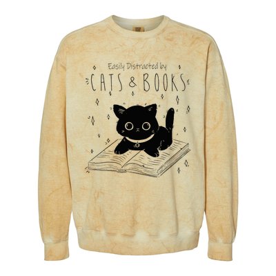 Easily Distracted By Cats And Books Funny Cat & Book Lover Colorblast Crewneck Sweatshirt