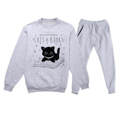 Easily Distracted By Cats And Books Funny Cat & Book Lover Premium Crewneck Sweatsuit Set