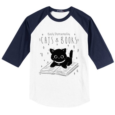 Easily Distracted By Cats And Books Funny Cat & Book Lover Baseball Sleeve Shirt