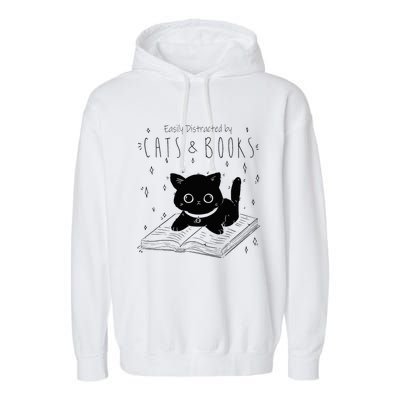 Easily Distracted By Cats And Books Funny Cat & Book Lover Garment-Dyed Fleece Hoodie