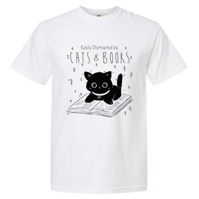 Easily Distracted By Cats And Books Funny Cat & Book Lover Garment-Dyed Heavyweight T-Shirt